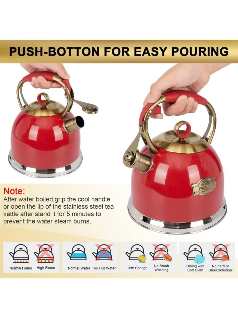 Red Whistling Stainless Steel Kitchen Tea Kettles 2.6 Quart Stovetop Induction